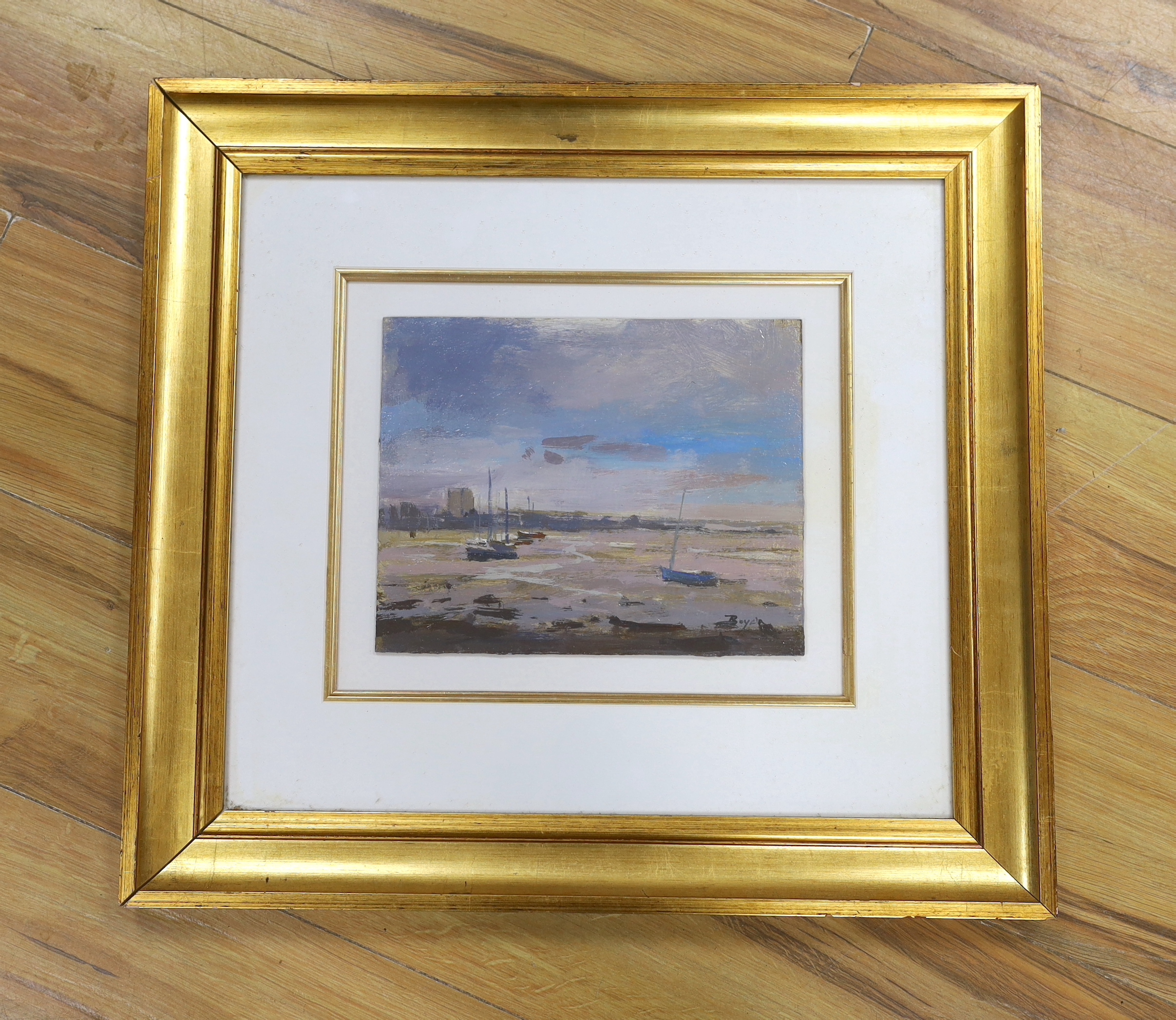 Boyd, Impressionist oil on board, Coastal view with boats, signed, 20 x 25cm
